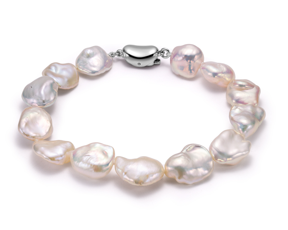 Браслет из белого барочного жемчуга 10,5-12 мм. Качество жемчуга наивысшее ААА. Артикул 11179