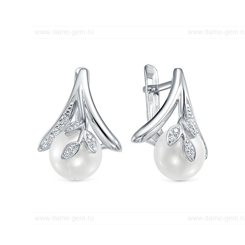 Серьги из серебра с белыми жемчужинами 9,5-10 мм. Артикул 12616