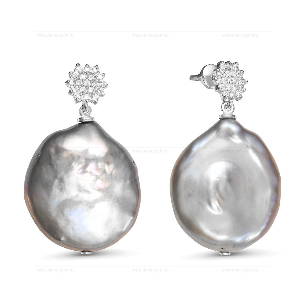 Серьги из серебра с серыми барочными жемчужинами 21-27 мм. Артикул 11868 Серьги из серебра с серыми барочными жемчужинами 21-27 мм. Артикул 11868