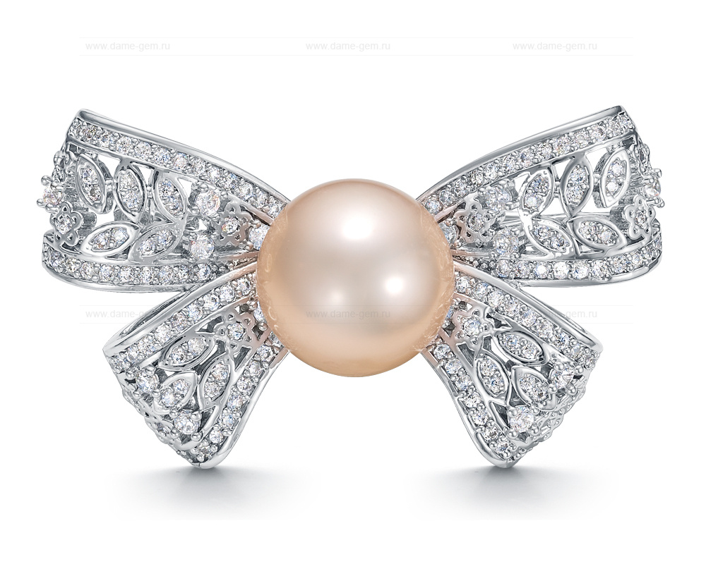 Брошь из сплава с розовой речной жемчужиной "Эдисон" 11-12 мм. Артикул 12142