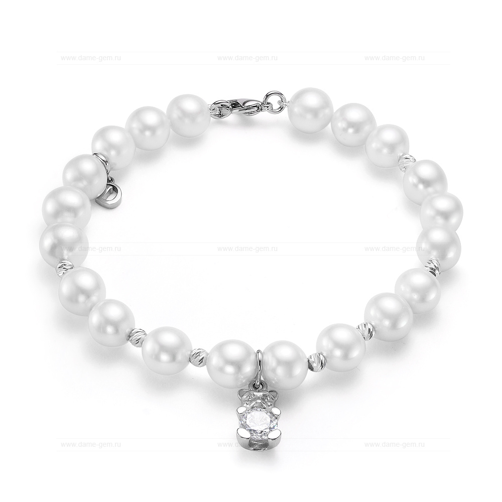 Детский браслет из белого речного жемчуга 7,5-8 мм с подвеской "Мишка". Артикул 11721