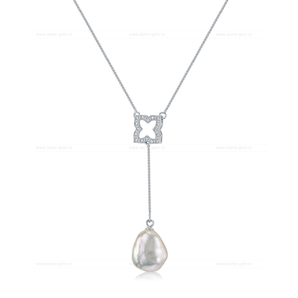 Колье из серебра 925 пробы с белой барочной жемчужиной 12-14 мм. Артикул 12875