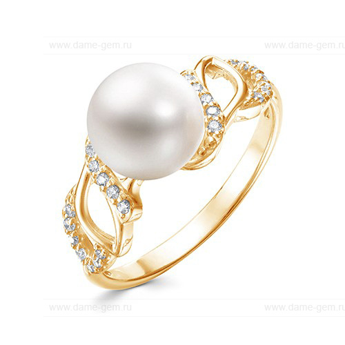 Кольцо из желтого золота 585 пробы с белой жемчужиной 8,5-9 мм. Артикул 12594
