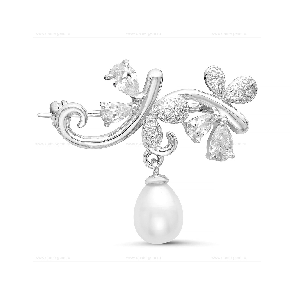 Брошь из серебра с белой жемчужиной 7,5-8 мм. Артикул 11322