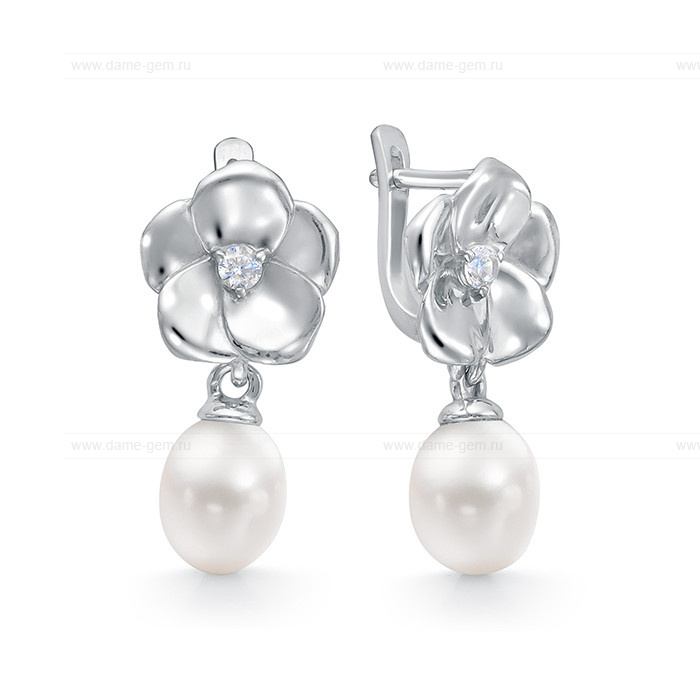 Серьги из серебра с белыми жемчужинами 7,5-8 мм. Артикул 10798