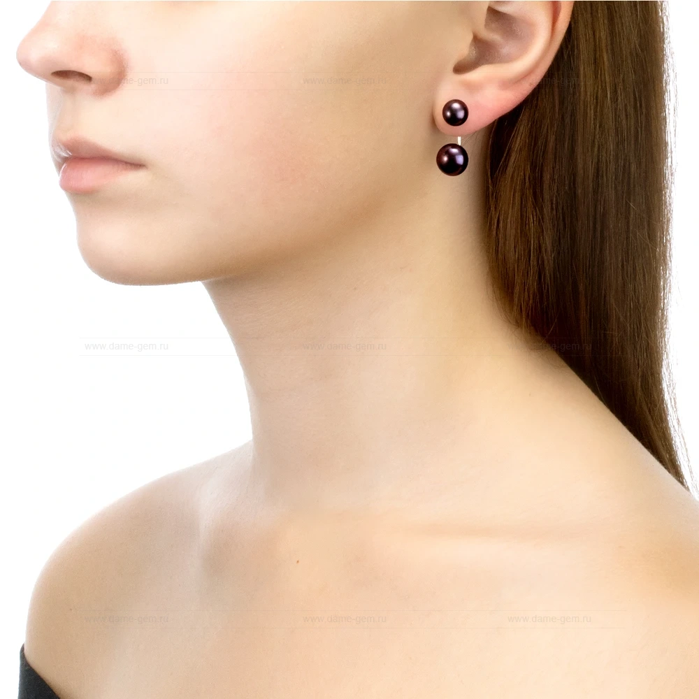 Двойные пусеты "Dior" из серебра с черными жемчужинами 7,5-10 мм. Артикул 10782