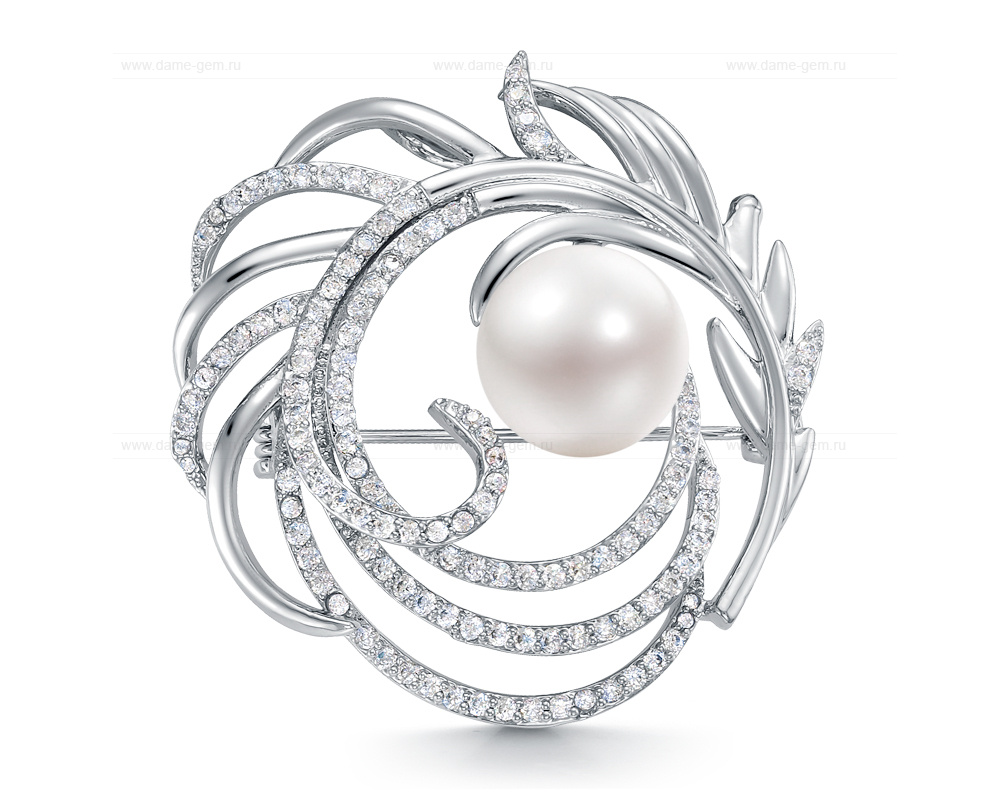Брошь из сплава с белой пресноводной жемчужиной 10,5-11 мм. Артикул 10022 Брошь из сплава с белой пресноводной жемчужиной 10,5-11 мм. Артикул 10022