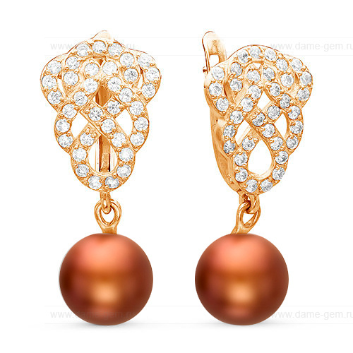 Серьги из серебра с шоколадными жемчужинами 9,5-10 мм. Артикул 12544