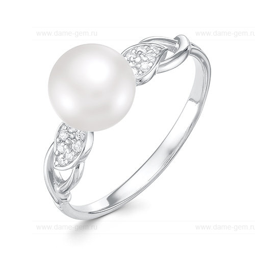 Кольцо из белого золота 585 пробы с белой жемчужиной 7,5-8 мм. Артикул 10105