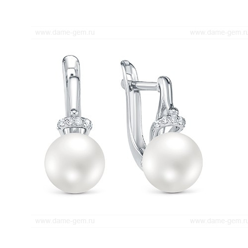 Серьги из белого золота с белыми жемчужинами 8,5-9 мм. Артикул 10096