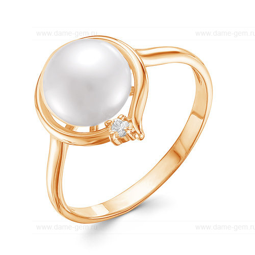 Кольцо из красного золота 585 пробы с белой жемчужиной 9,5-10 мм. Артикул 9336