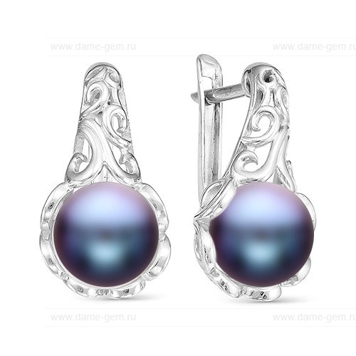 Серьги из серебра с черными жемчужинами 8,5-9 мм. Артикул 7859