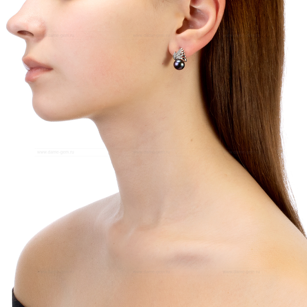 Серьги из серебра с черными жемчужинами 8,5-9 мм. Артикул 11757