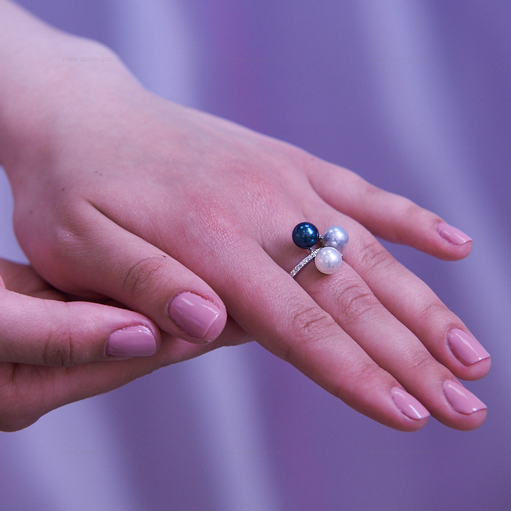 Кольцо из белого золота 585 пробы с морскими жемчужинами Акойя 7,5-8 мм. Артикул 11649