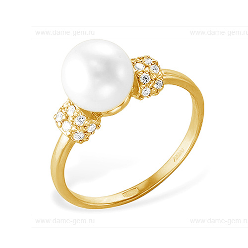 Кольцо из желтого золота 585 пробы с белой жемчужиной 8-8,5 мм. Артикул 12070