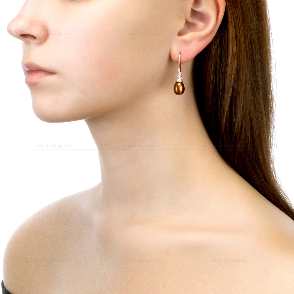 Серьги из серебра с шоколадными жемчужинами 8,5-9 мм. Артикул 11314