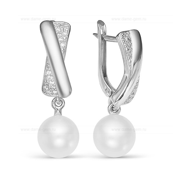 Серьги из серебра с белыми жемчужинами 8,5-9 мм. Артикул 12115