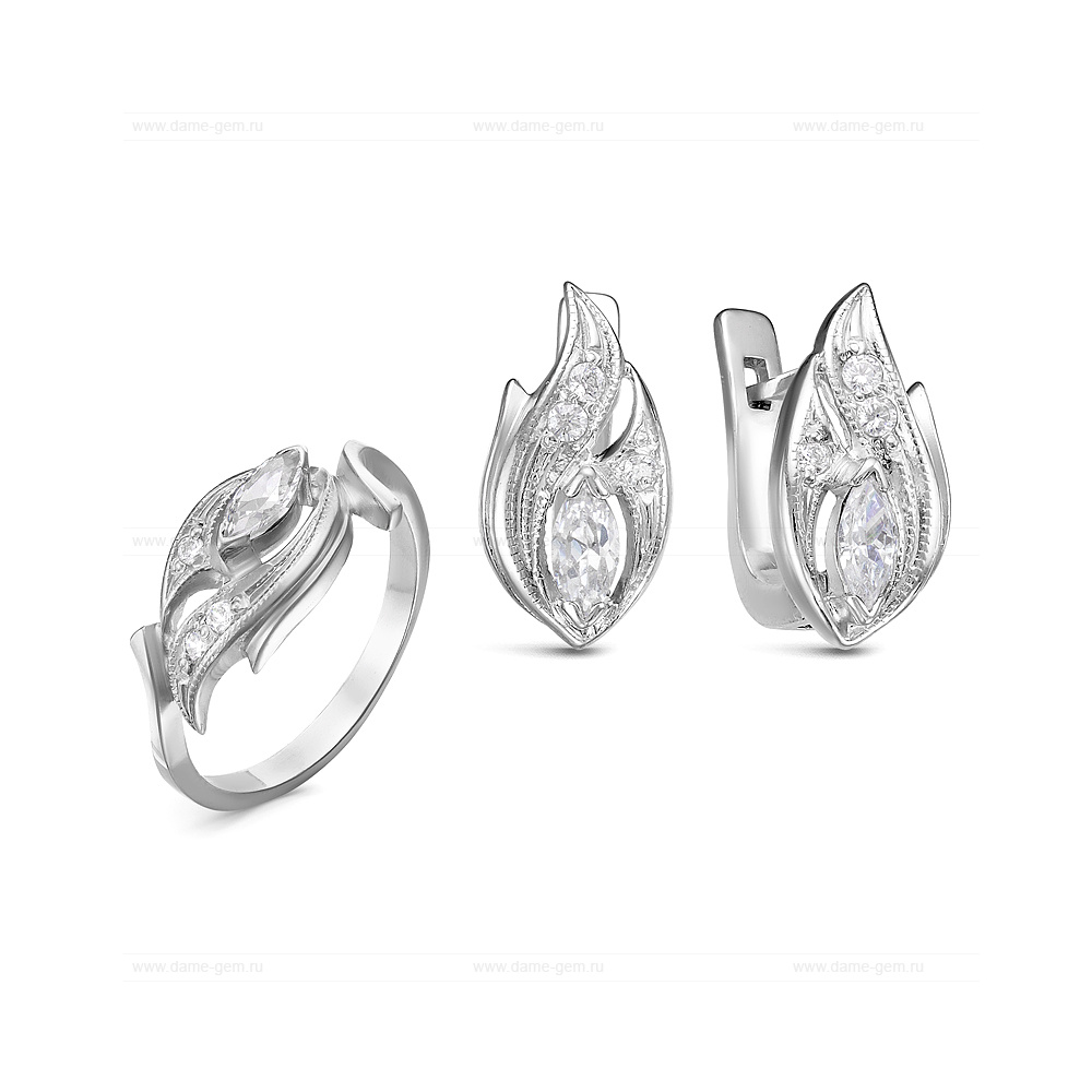 Комплект из серебра 925 пробы с фианитами. Серьги и кольцо. Артикул 12528 Комплект из серебра 925 пробы с фианитами. Серьги и кольцо. Артикул 12528