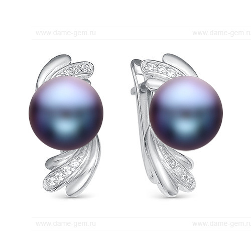 Серьги из серебра с черными жемчужинами 7-7,5 мм. Артикул 11348