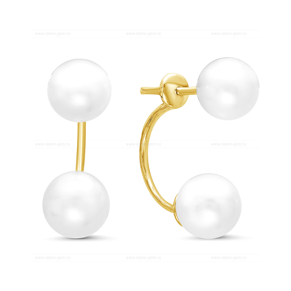 Двойные пусеты "Dior" из золота с белыми жемчужинами 8-9 мм. Артикул 10785