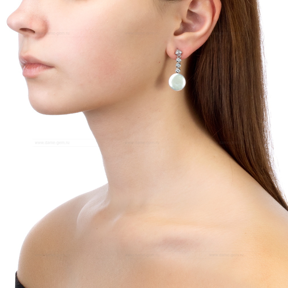 Серьги из серебра с белыми жемчужинами "барокко" 13,5-14 мм. Артикул 12430 Серьги из серебра с белыми жемчужинами "барокко" 13,5-14 мм. Артикул 12430