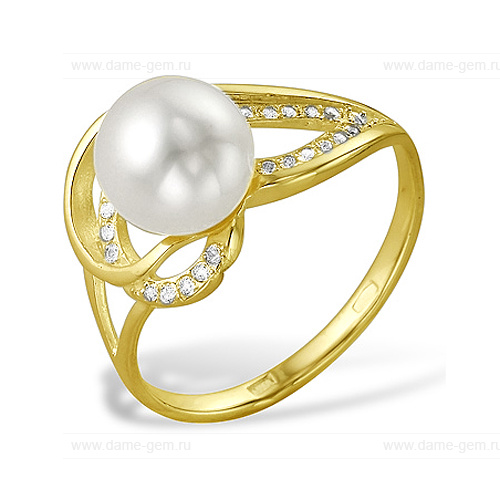 Кольцо из желтого золота 585 пробы с белой жемчужиной 8,5-9 мм. Артикул 9713