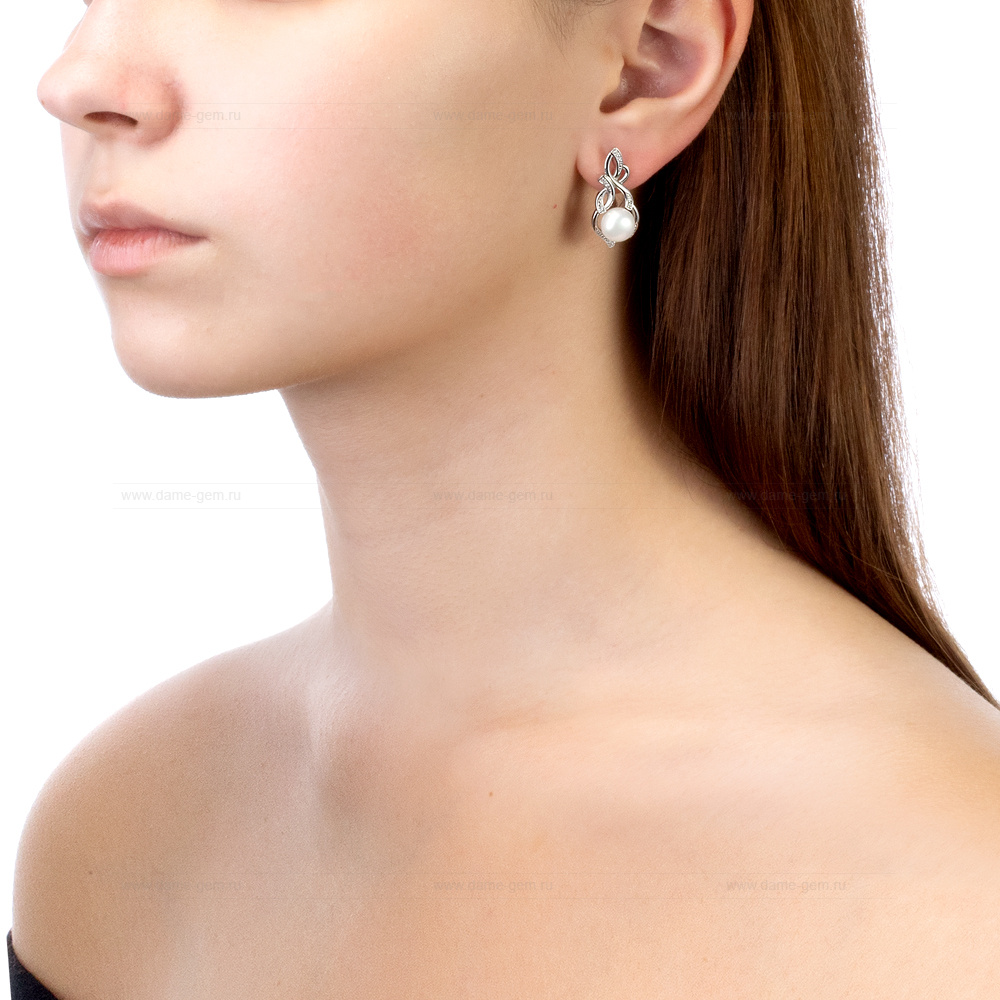 Серьги из серебра с белыми жемчужинами 8-8,5 мм. Артикул 12395