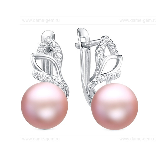 Серьги из серебра с розовыми жемчужинами 9,5-10 мм. Артикул 12209