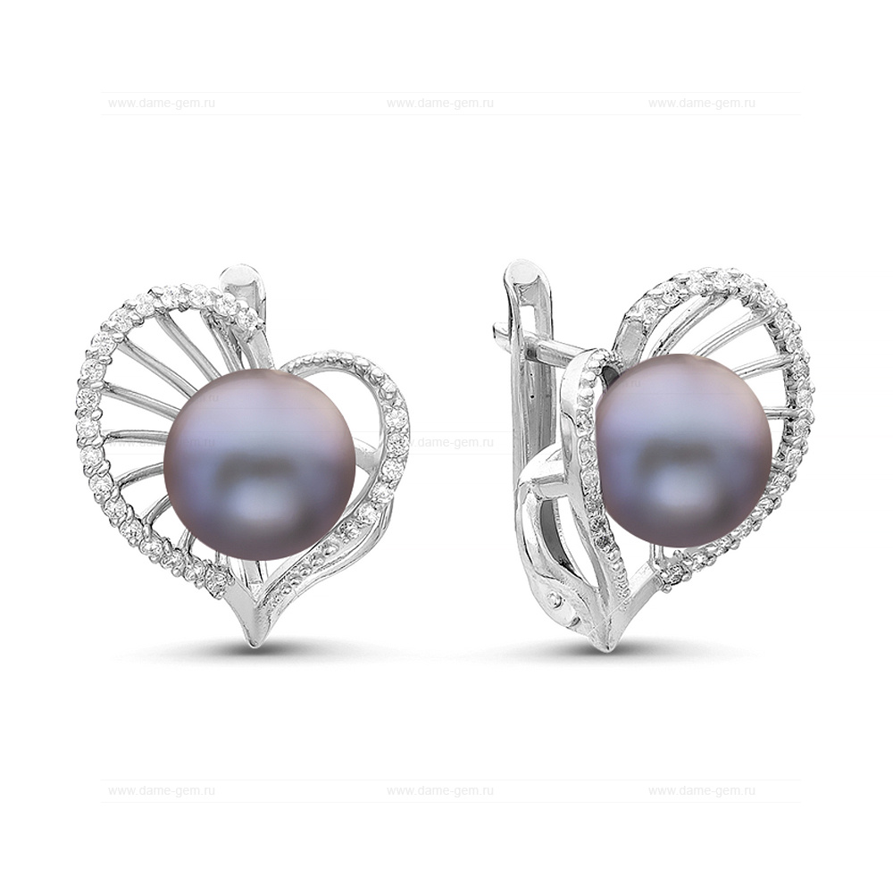 Серьги из серебра с черными жемчужинами 7,5-8 мм. Артикул 11897