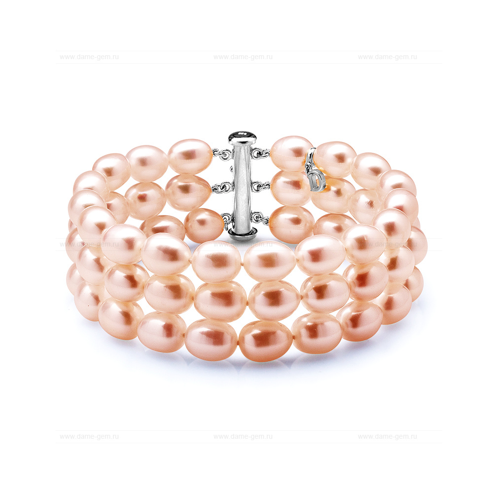 Браслет в 3 ряда из розового речного жемчуга 7,5-8 мм. Качество жемчуга наивысшее ААА. Артикул 10619
