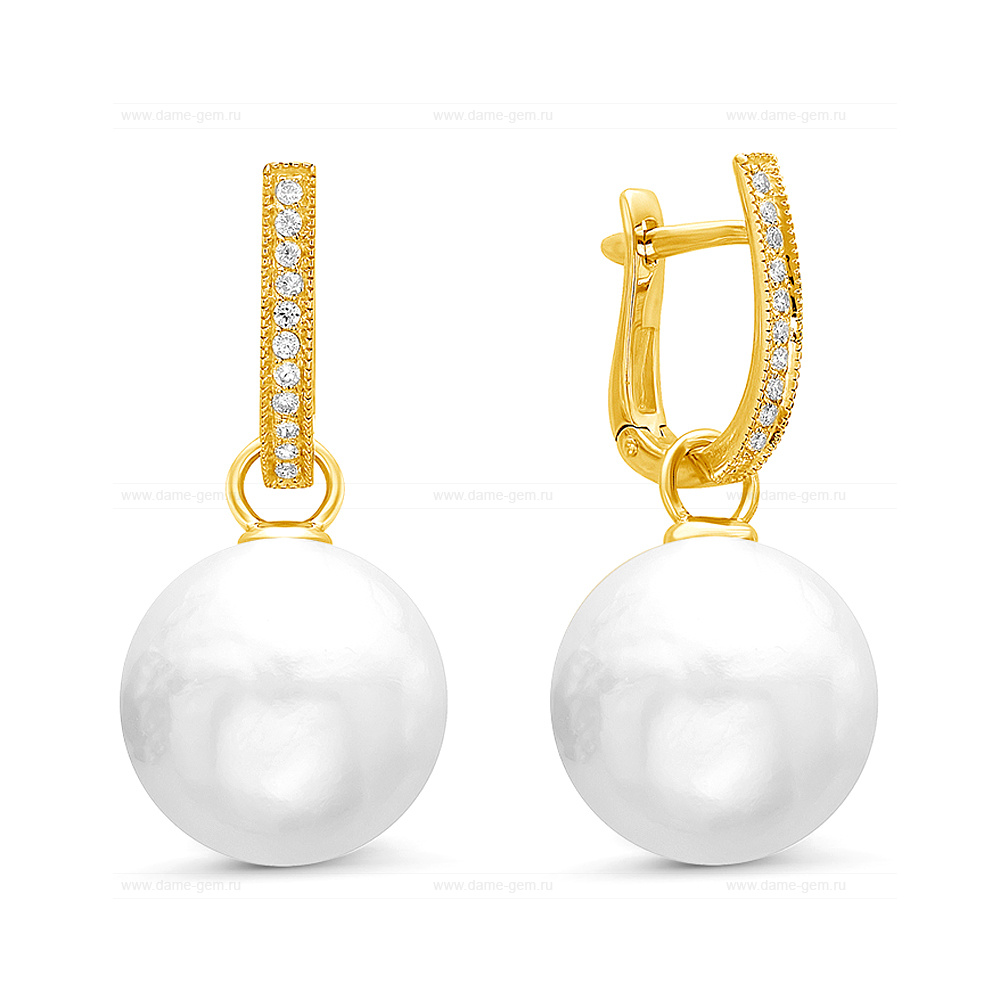 Серьги из серебра с японскими белыми жемчужинами 14-14,5 мм. Артикул 12223
