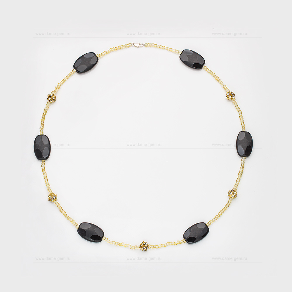 Длинные бусы из черного агата, бисера со стразами. Артикул 12494