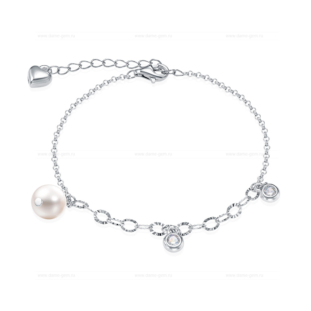 Браслет из серебра с белой речной жемчужиной 7,5-8 мм. Качество жемчуга высокое АА+. Артикул 12826