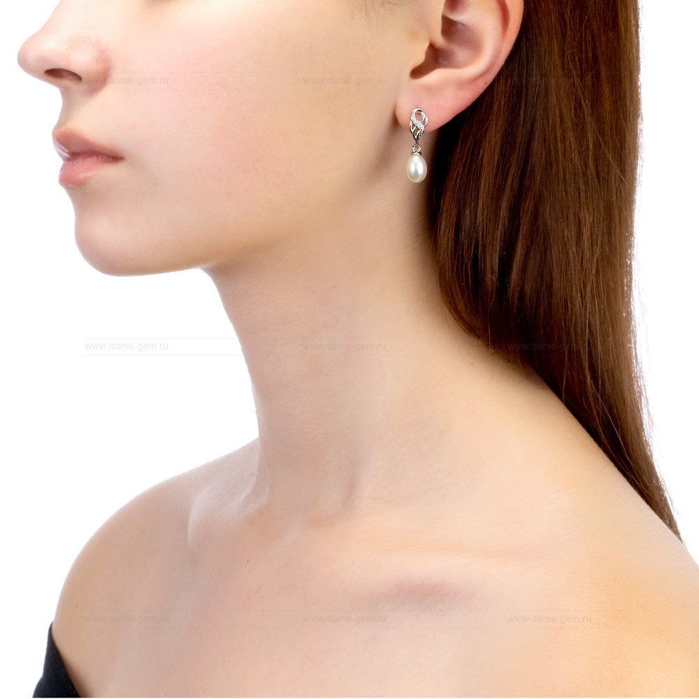 Серьги из серебра с белыми жемчужинами 7,5-8 мм. Артикул 12199