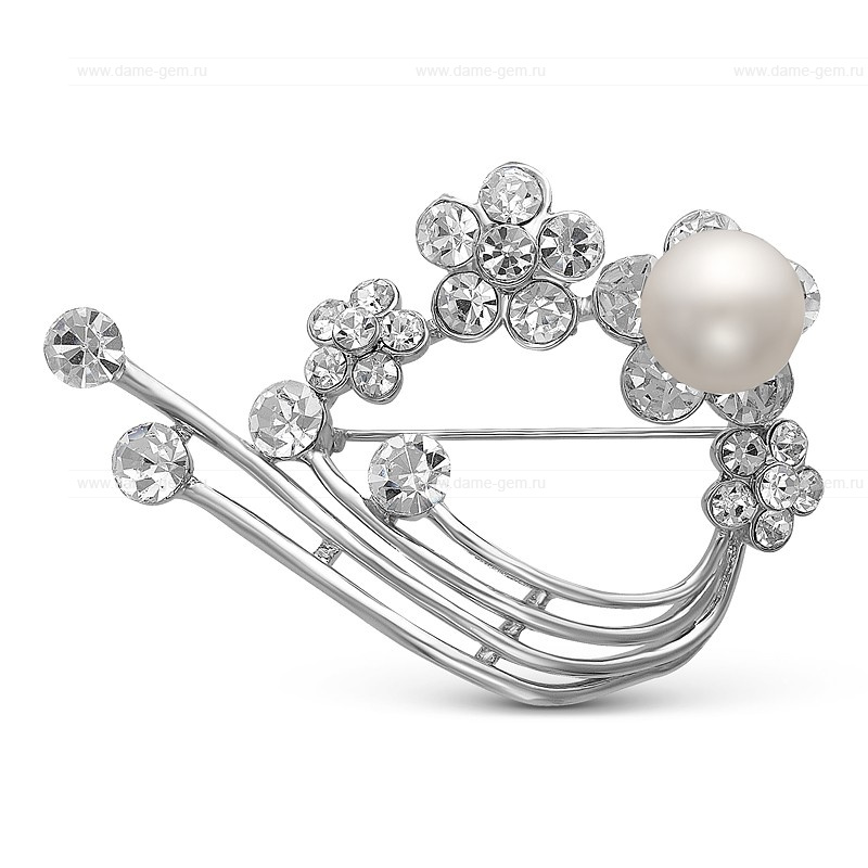 Брошь из сплава с белой жемчужиной 10-11 мм. Артикул 10023