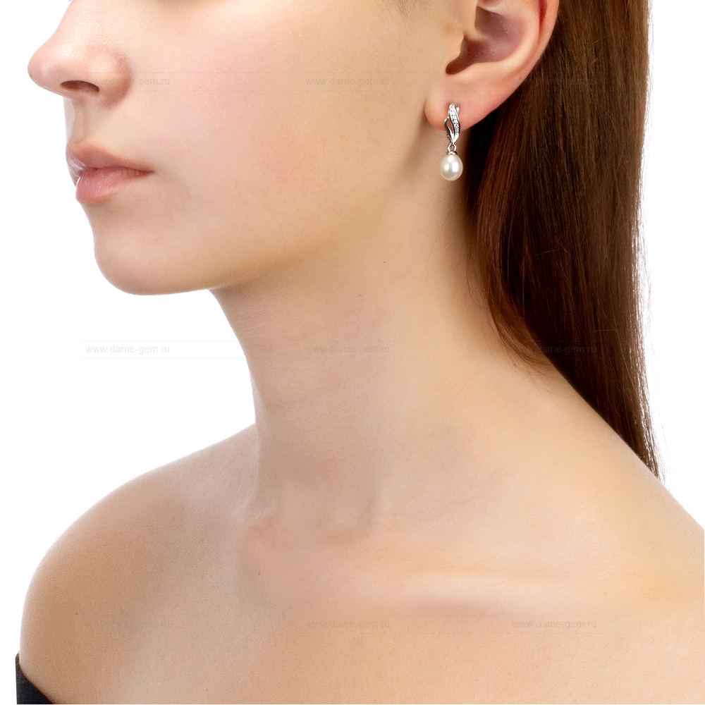 Серьги из серебра с белыми жемчужинами 7,5-8 мм. Артикул 12417