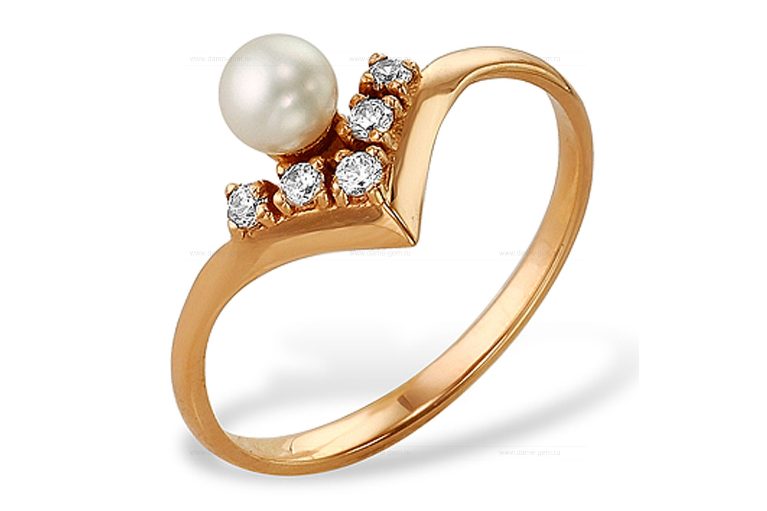 Кольцо из красного золота 585 пробы с белой жемчужиной 7-7,5 мм. Артикул 9333