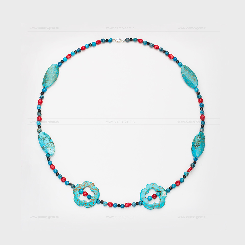 Длинные бусы из голубой бирюзы, агата и коралла. Артикул 12377