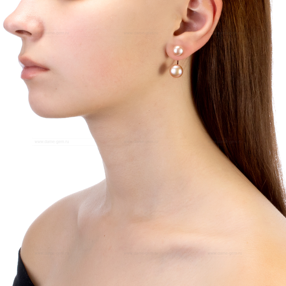 Двойные пусеты "Dior" из серебра с розовыми жемчужинами 8,5-11 мм. Артикул 10779 Двойные пусеты "Dior" из серебра с розовыми жемчужинами 8,5-11 мм. Артикул 10779