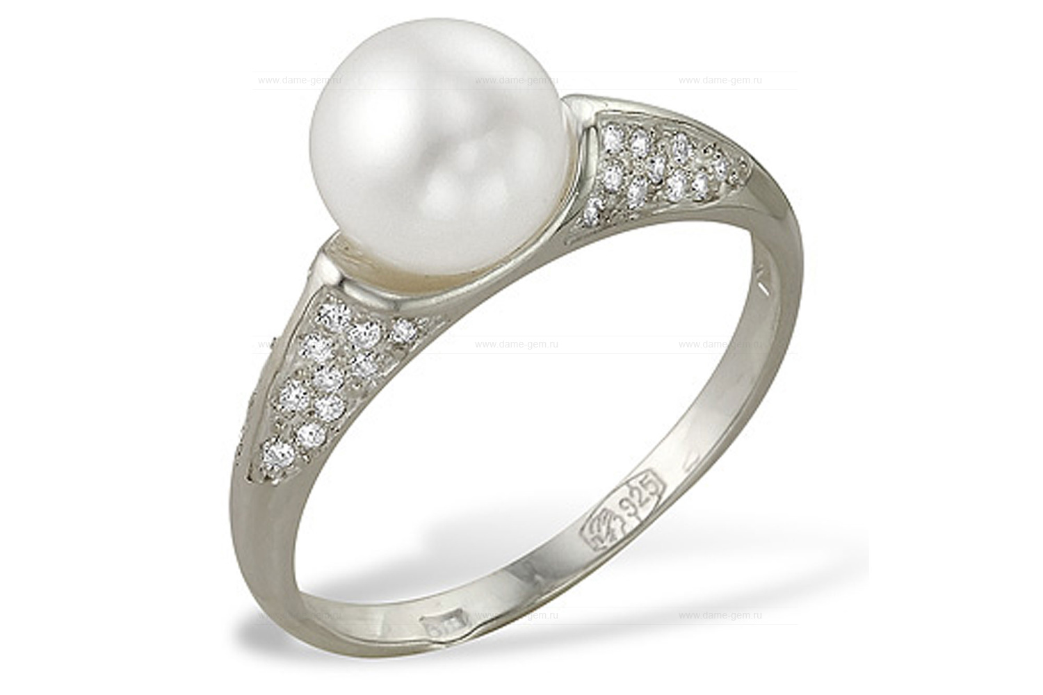 Кольцо из белого золота 585 пробы с белой жемчужиной 8,5-9 мм. Артикул 9323