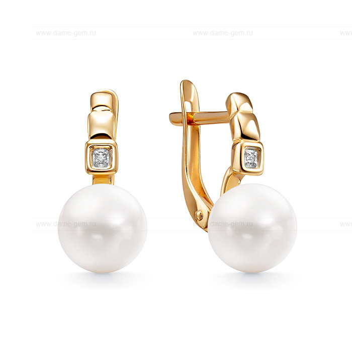 Серьги из красного золота с белыми жемчужинами 7,5-8 мм. Артикул 9865