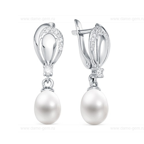 Серьги из белого золота с белыми жемчужинами 9-10 мм. Артикул 10491