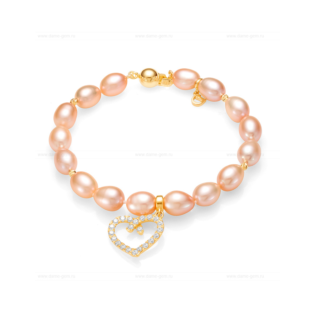 Браслет из розового жемчуга 7,5-8 мм с подвеской "Сердце". Качество жемчуга наивысшее ААА. Артикул 11631