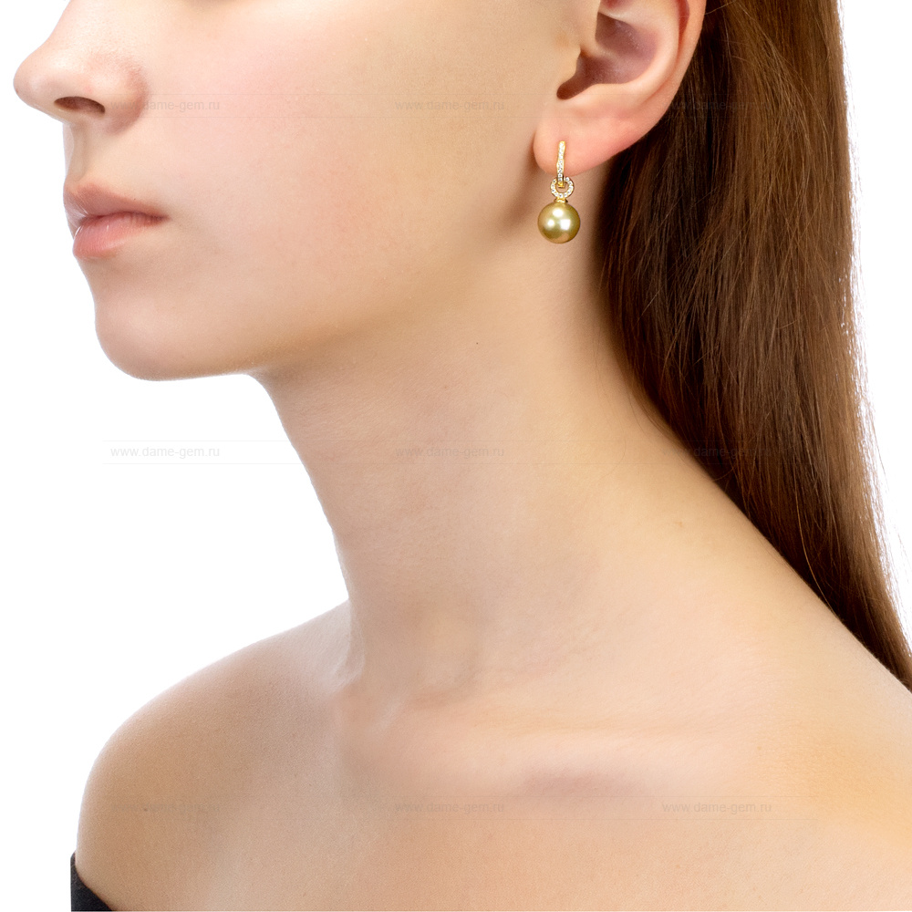 Серьги из серебра с золотистыми Австралийскими жемчужинами 11-11,5 мм. Артикул 12301