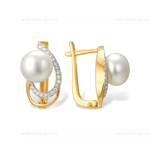 Серьги из желтого золота с белыми жемчужинами 7,5-8 мм. Артикул 9704