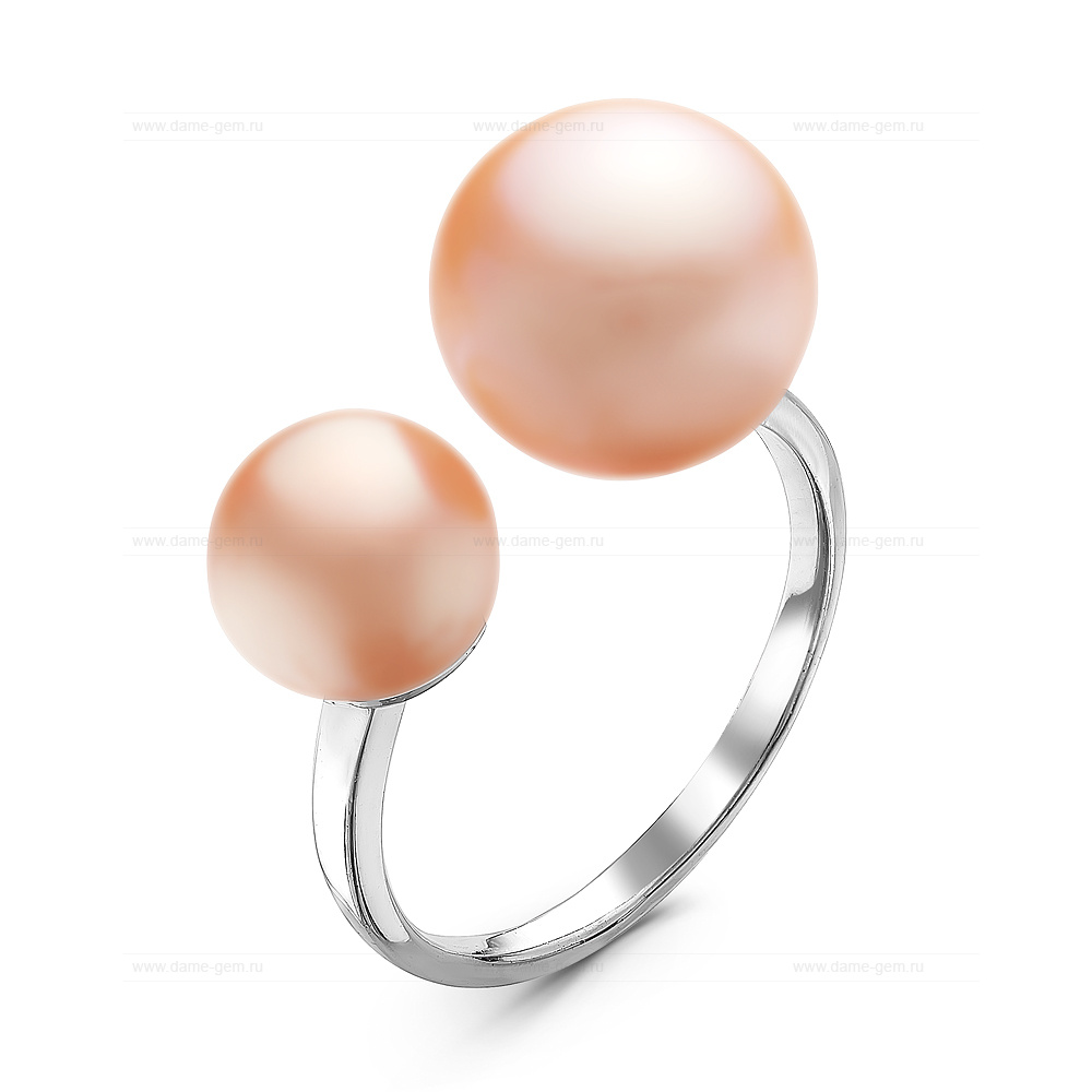Двойное кольцо "Dior" из серебра 925 пробы с розовыми жемчужинами 7-10 мм. Артикул 10896