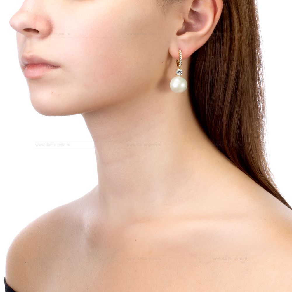 Серьги из серебра с японскими белыми жемчужинами 14-14,5 мм. Артикул 10222