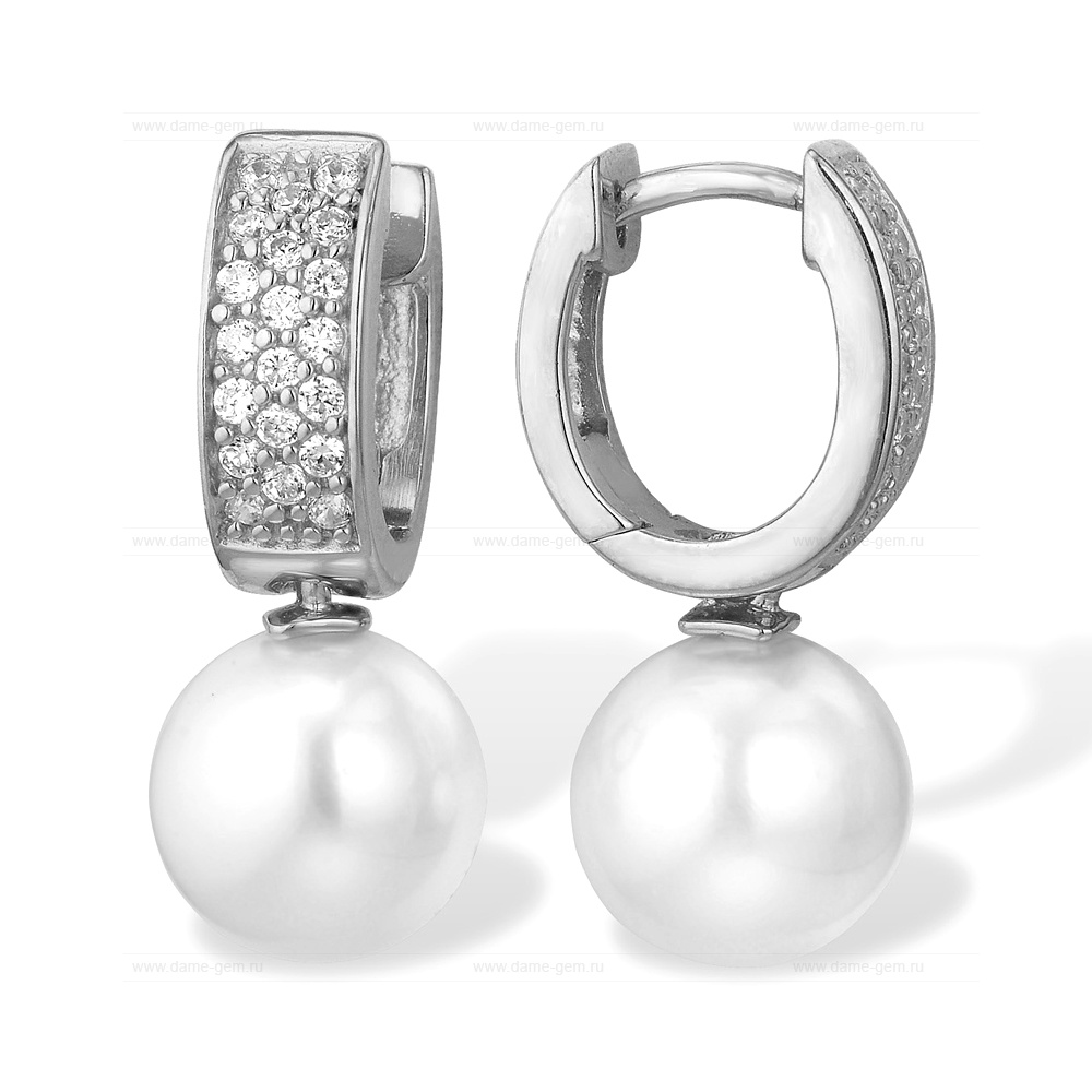 Серьги из серебра с белыми жемчужинами 8,5-9 мм. Артикул 11442