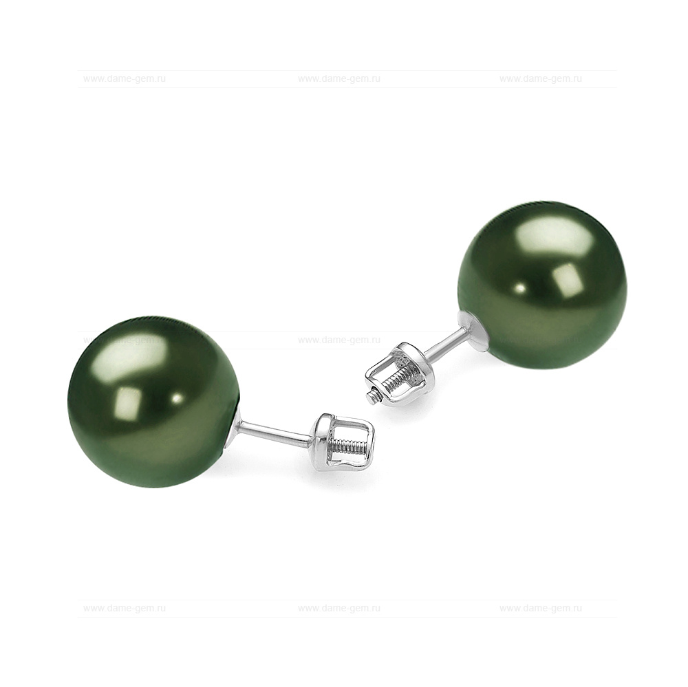 Пусеты из серебра с черными жемчужинами "Майорика" 12 мм. Артикул 10648