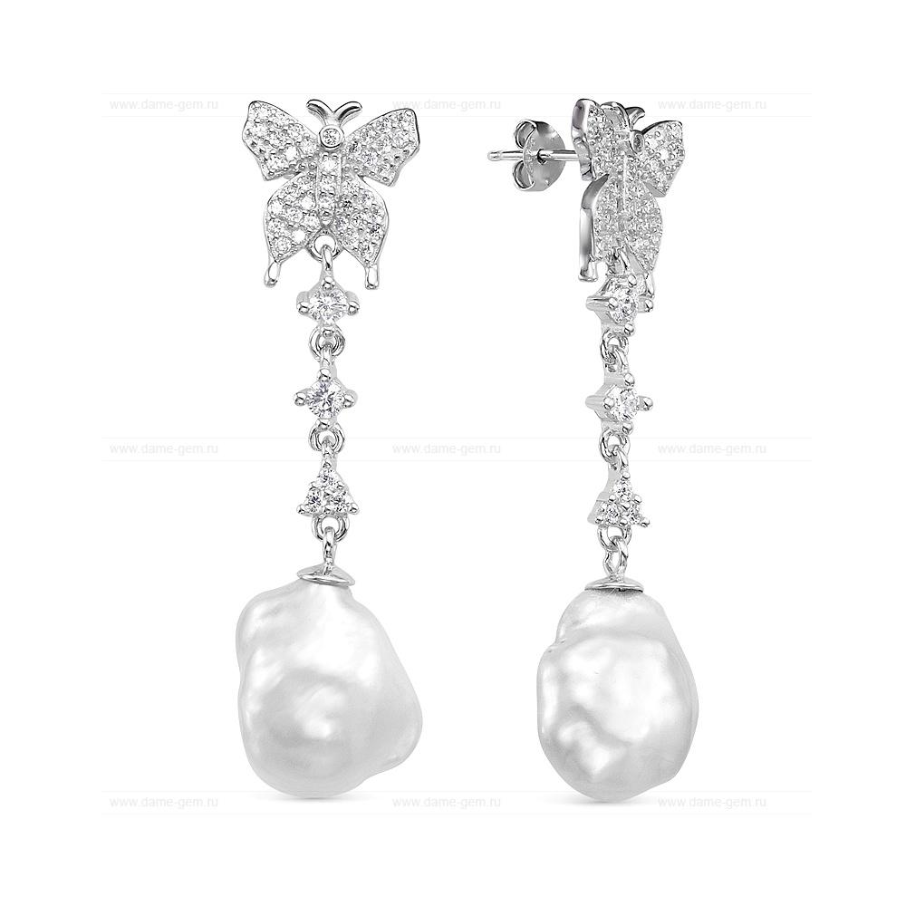 Серьги из серебра с белыми барочными жемчужинами 11-14 мм. Артикул 12420